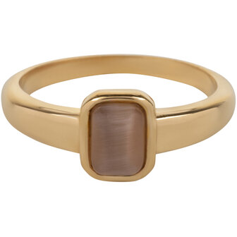 Charmin&rsquo;s Goudkleurige Zegelring Bruine Cateye Steen Rechthoek Staal R1176
