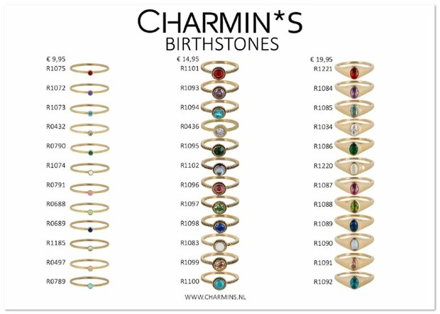 Charmin's Alle Birthstone Ringen, 144 ringen, 4 maten, met Display; Easy Order