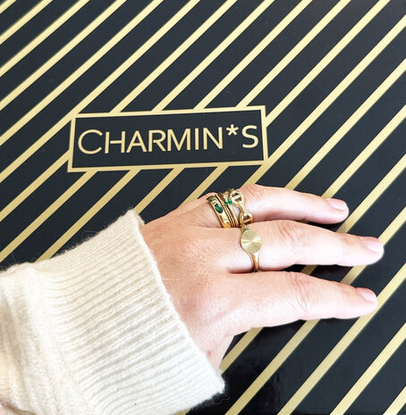 Charmin’s Ring Brede Band Ovale Donker Groene Steen Goudkleurig Staal R1227