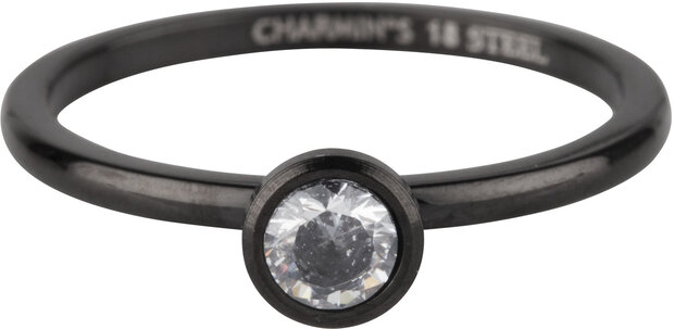 Charmin’s Zwarte Aanschuifring Ronde Steen Witte Kristal 4mm Staal R491