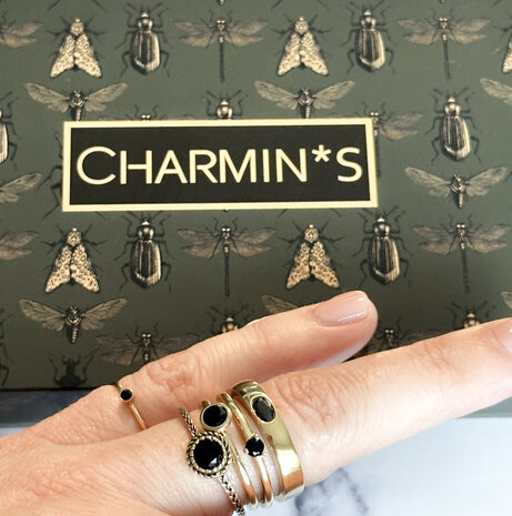 Charmin's Gold Verlängerungsring runder Stein schwarzer Kristall 4 mm Stahl R1021