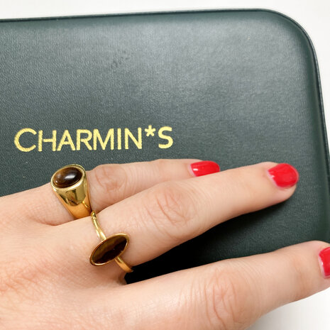 Charmin's Gold-colored Oval Signet Ring with Oval Tiger Eye Gemstone Steel R1211
