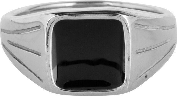 Charmin's UNI Herren-Siegelring, quadratisch, schwarzer Stein, Stahl, R1003
