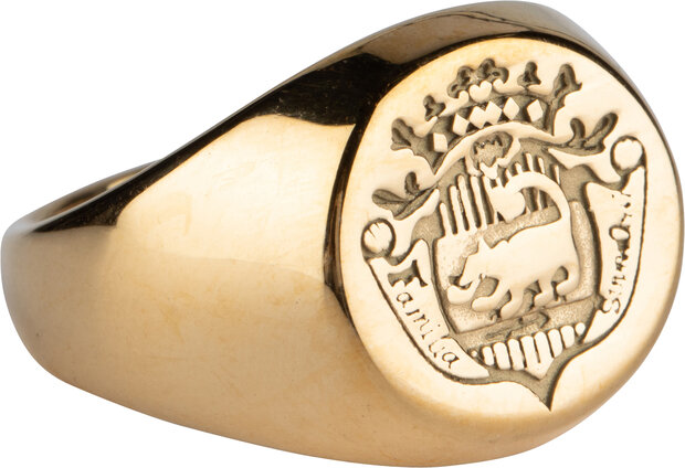 Charmin's goldfarbener UNI-Siegelring mit Familienwappen für Herren und Damen, Familia Supra Omnia, Stahl R1000
