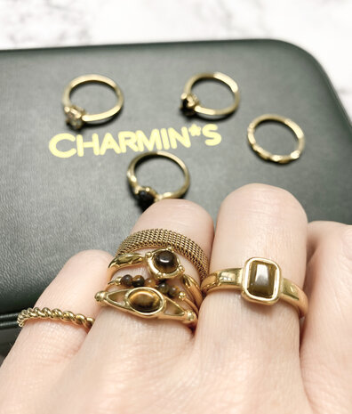 Charmin's Signet Ring Gemstone Tiger Eye Rectangle Gold R1175