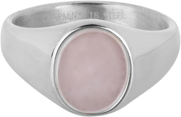 Chevalière Charmin's avec pierre précieuse ovale plate en quartz rose rose clair en acier R1481
