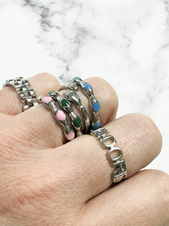 Charmin's Zilverkleurig Ring Met Witte Ronde Emaille Bollen Staal R1491