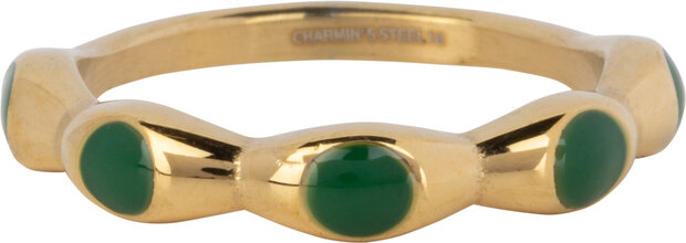 Charmin's Goudkleurig Ring Met Donker Groene Ronde Emaille Bollen Staal R1498
