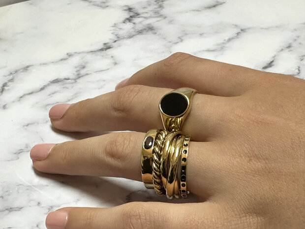 Charmin's Signet Ring with Flat Oval Black Onyx Gemstone Gold Colored R1480l R1481