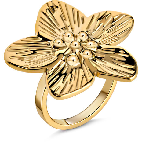 Goudkleurige Chunky Ring met Sierlijke Kersenbloesem. Een symbool van schoonheid en licht, perfect als subtiele eyecatcher. Productcode: R1855.