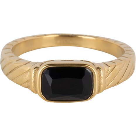 Charmin's Goudkleurige Ring met Zwarte Steen en Graveringen R1349– Vintage Look