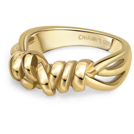 Charmin's Goudkleurige Chunky Ring met Drie Lijnen Wikkelen Zich Speels om de Ring R1844. 