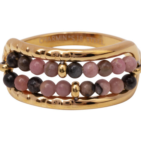 Charmin's Anxiety Ring Twee Rijen NaturalStones Rhodoniet Beads Goudkleurig R1670