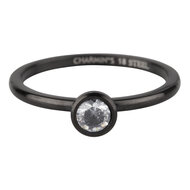 Charmin&rsquo;s Zwarte Aanschuifring Ronde Steen Witte Kristal 4mm Staal R491