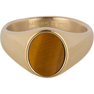 Charmin&#039;s Goudkleurige Zegelring met Platte Ovale Tijgeroog Edelsteen Staal R1478