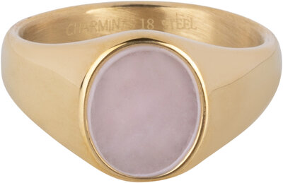 Charmin's Gold-colored Signet Ring with Flat Oval Light-pink Rose Quartz Gemstone Steel R1482
