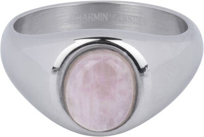 Chevalière Charmin's avec pierre précieuse ovale en quartz rose rose clair en acier R1268