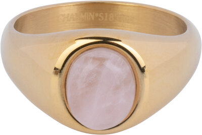 Charmin's Gold-colored Signet Ring with Oval Light-pink Rose Quartz Gemstone Steel R1269