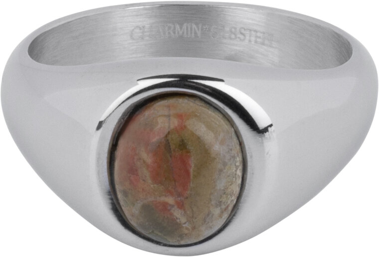 Charmin's Signet Ring with Oval Green-pink Unakite Gemstone Steel R1270