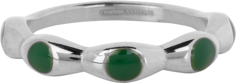 Charmin's Silver Ring with Dark Green Round Enamel Spheres Steel R1497