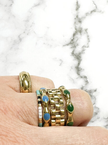 Charmin's Goldfarbener Ring mit dunkelgrünen runden Emaillekugeln Stahl R14980R1496tahl, R1447
