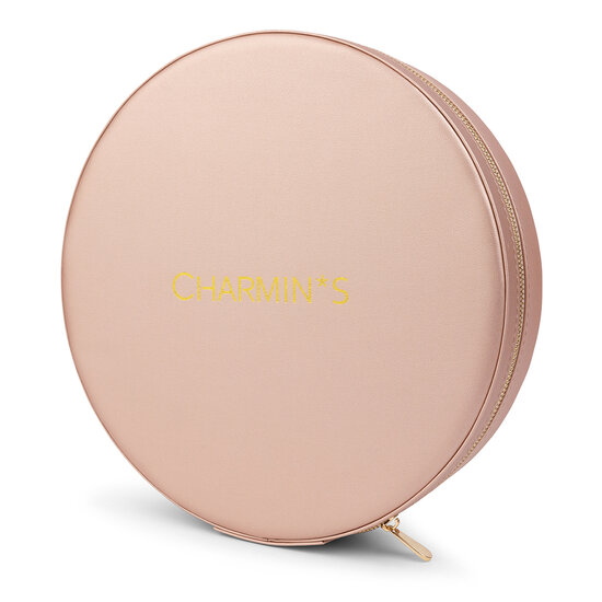 Boîte à bagues ronde Charmin's avec présentoir en cuir végétalien rose miroir 5553