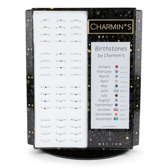 Présentoir tournant de table Charmin's Steel Birtstones avec 144 anneaux