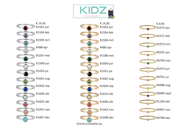 45 Gouden gekleurd ronde steentjes kinderringen in 3 maatjes in Display Easy Order KIDZ (18)