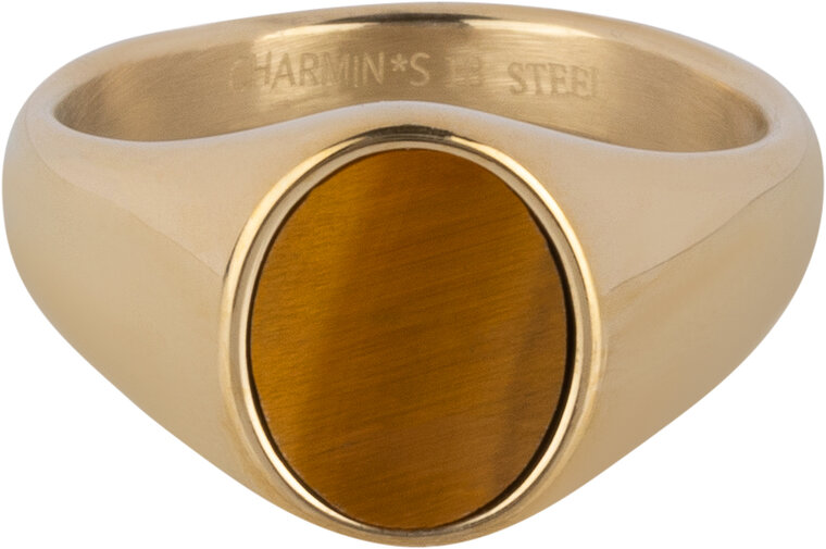 Charmin's Gold-colored Signet Ring with Flat Oval Tiger Eye Gemstone Steel R1478