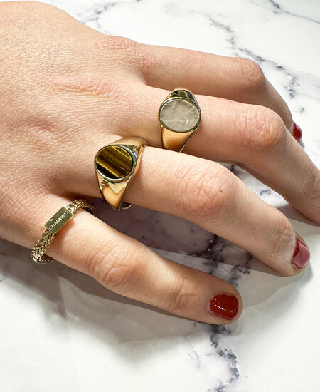 Charmin's Gold-colored Signet Ring with Flat Oval Tiger Eye Gemstone Steel R1478