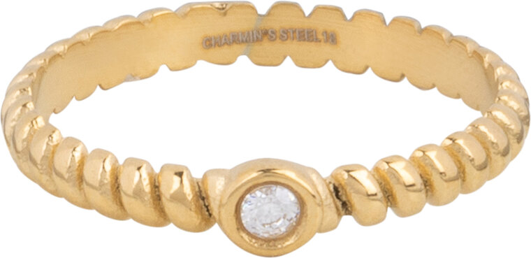 Charmins goldfarbener Ring mit gedrehtem runden weißen Stein aus Stahl R1419 – Vintage Look