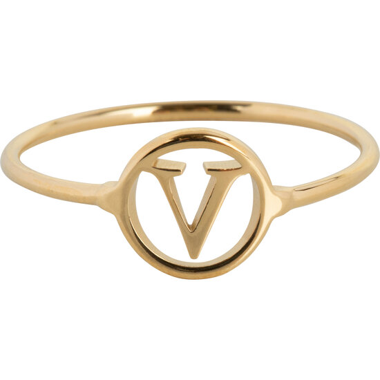Charmin’s initialen open ronde zegelring Goldplated R1121 Letter V