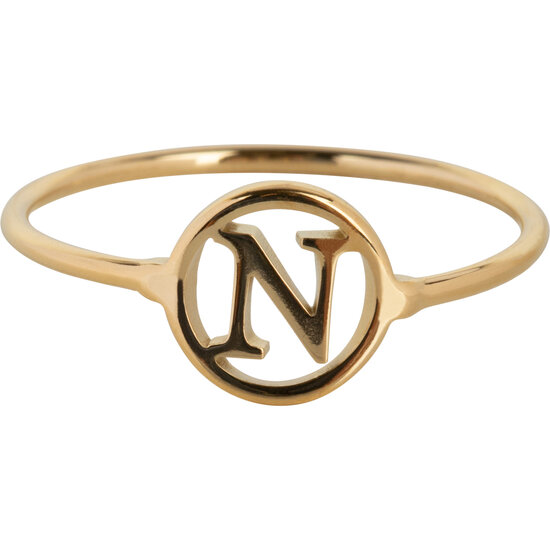 Charmin’s initialen open ronde zegelring Goldplated R1121 Letter N