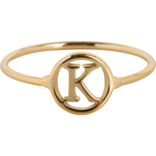 Charmin’s initialen open ronde zegelring Goldplated R1121 Letter K
