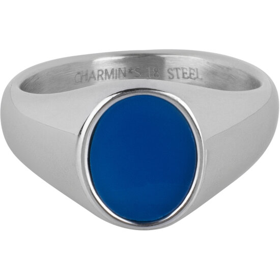 Charmin's Zegelring met Platte Ovale Synthetische Blauwe Edelsteen Staal R1483