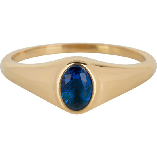 Charmin’s R1089 Birthstone zegelring September Blue Sapphire Oval Stone Goldplated