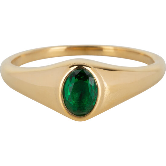 Charmin’s R1086 Birthstone zegelring May Green Emerald Oval Stone Goldplated