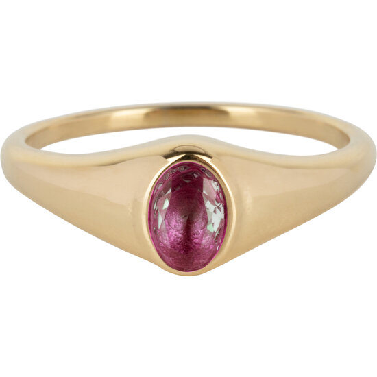Charmin’s R1087 Birthstone zegelring July Fuchsia Ruby Oval Stone Goldplated