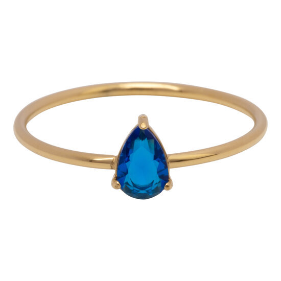 Charmin's Gold-Colored Ring with Teardrop-Shaped Dark Blue Crystal Stone R1748 – Nighttime Shine