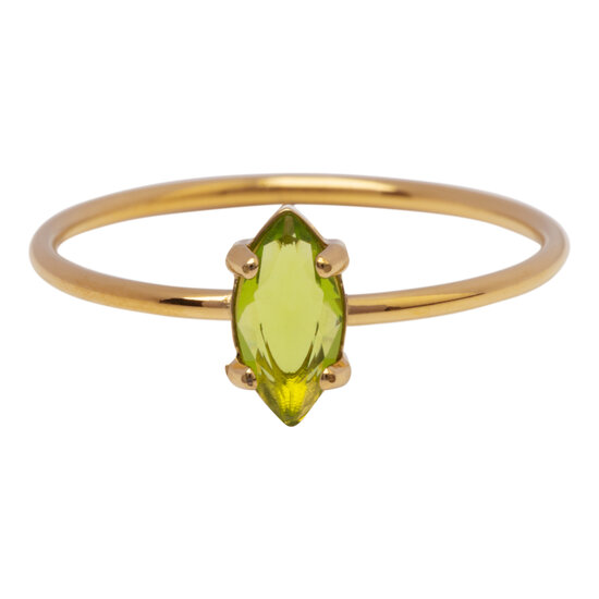 Charmin's Gold-Colored Ring with Elliptical Light Green Crystal R1690– Fresh and Striking