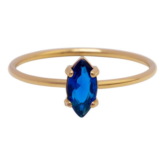 Charmin's Gold-Tone Ring with Elliptical Dark Blue Crystal R1688– Deep and Graceful