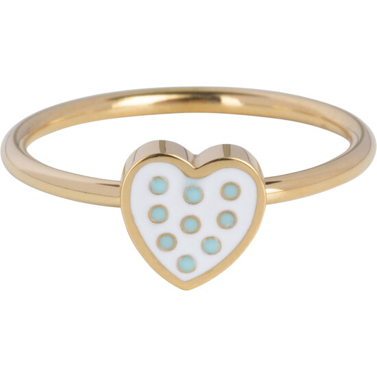 KIDZ Kinderring Goudkleurig Staal met Hartje en Blauwe Stippen KR135 – Fris en Vrolijk