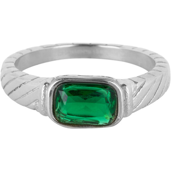 Charmin's Stalen Ring met Groene Steen en Graveringen R1346– Elegant Vintage