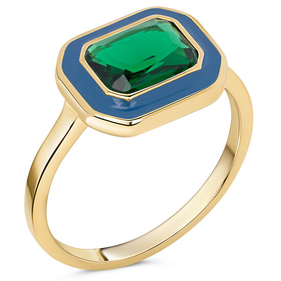 Charmin's Gold-Colored Chunky Ring Blue Enamel and Green Stone R1780 – Chic and Vintage