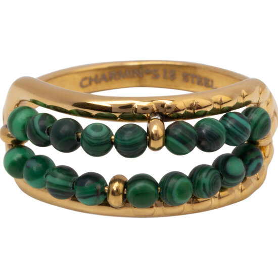 Charmin's Anxiety Ring Two Rows of Natural Stones Malachite Beads Gold-Colored R1672