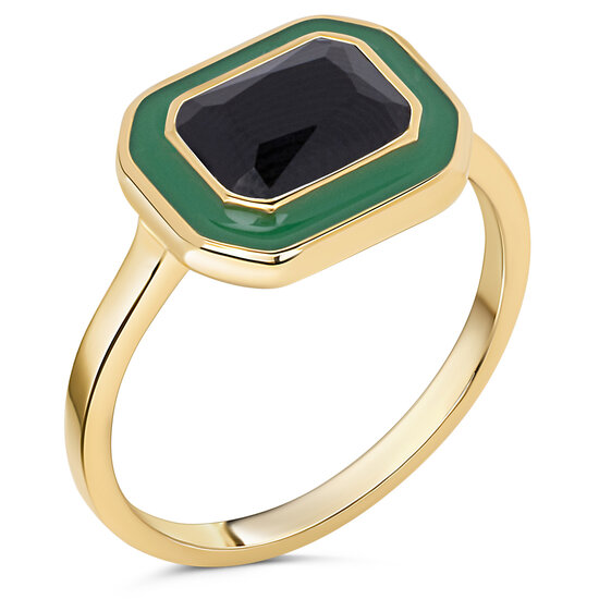 Charmin's Goudkleurige Chunky Ring Groen Emaille en Zwarte Steen R1778 – Gedurfd en Verfijnd