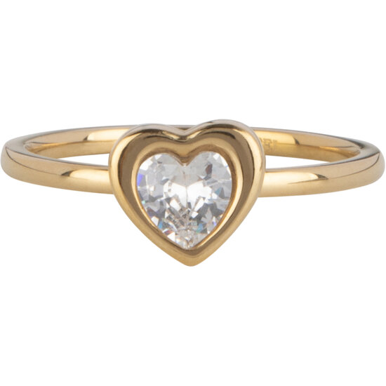 Charmin's Goudkleurige Ring met Hartvormig Wit Kristallen Steentje Staal R1654 – Romantische Eyecatcher